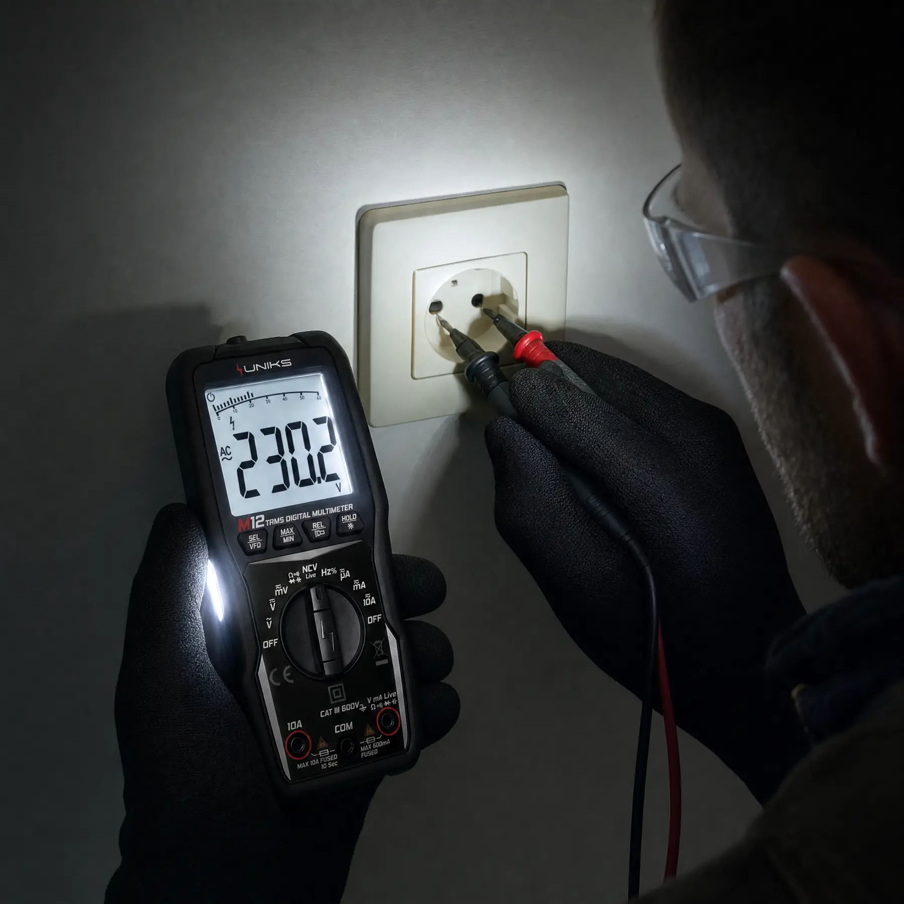 Tecnico che misura una presa elettrica con il multimetro UNIKS M12