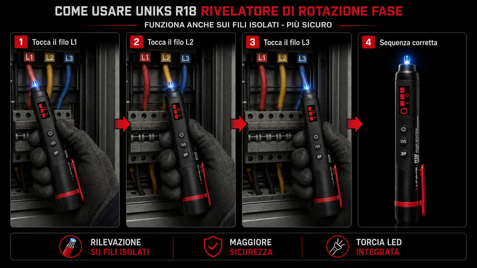 Uso di R18 sui conduttori isolati L1, L2 e L3 per rilevare la sequenza delle fasi