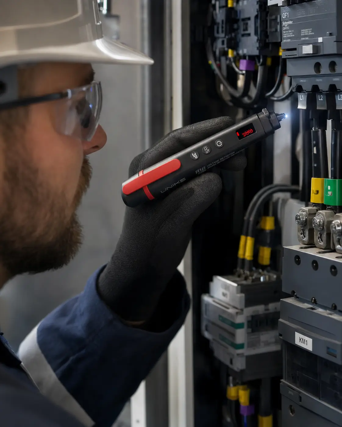 Elettricista che usa R18 senza contatto su un quadro elettrico